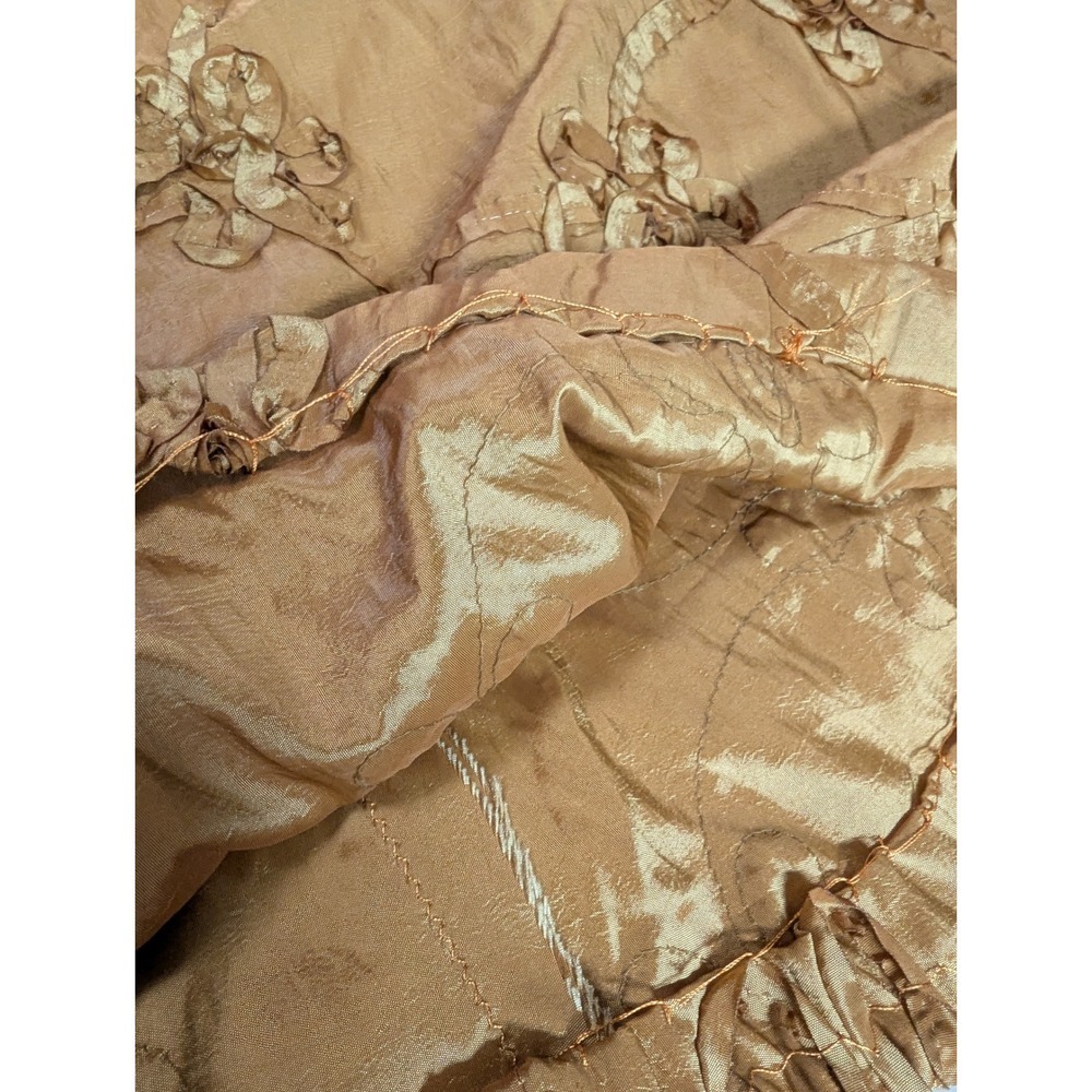 Vtg Handmade Gold Taffeta Maxi Skirt 3D Rosette Floral Appliqué Iridescent Boho - Picture 11 of 12